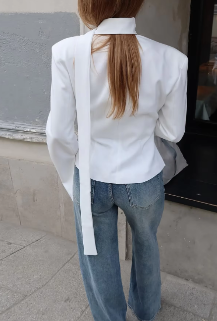 Elegant Solid Scarf V Neck Long Sleeve Buttons Sexy Oversize Suit Blazer