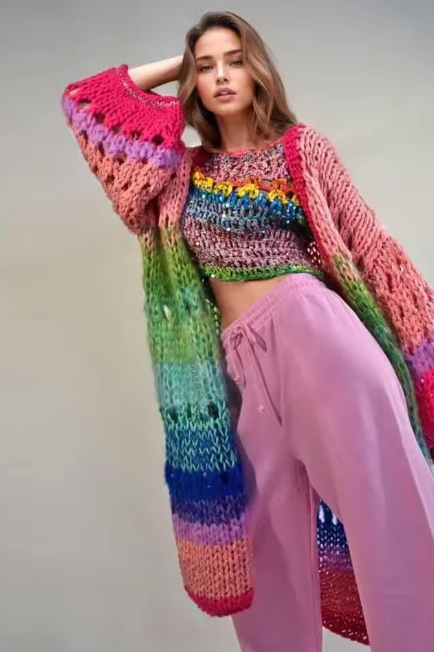 Boho Colorful Luxuriously Handknit Bell Sleeve Crochet Loose Kimono Cardigan Women Fall Winter Coat Beach Coverup Dress