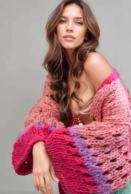Boho Colorful Luxuriously Handknit Bell Sleeve Crochet Loose Kimono Cardigan Women Fall Winter Coat Beach Coverup Dress