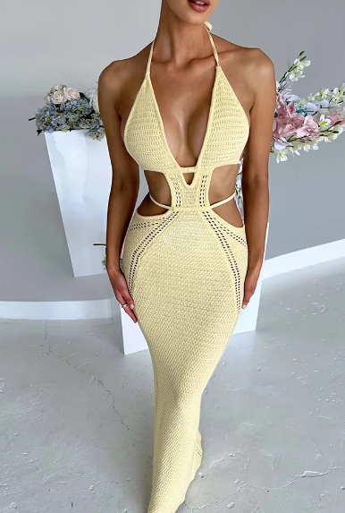 Crochet Halter Sleeveless Backless Solid Hollow Out Bandage Sexy Slim Maxi Prom Dress Festival Party Outfit