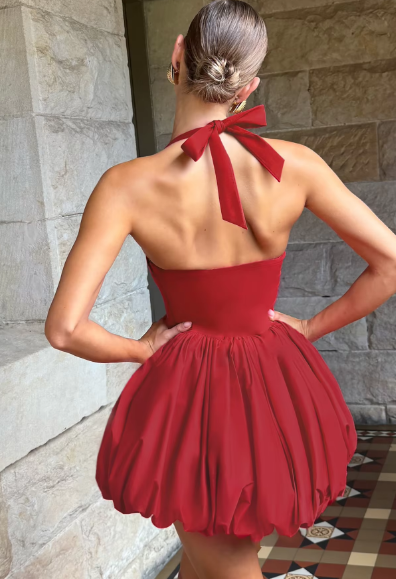 Elegant Women Sexy Slim Dress Red Halter Backless Bandage Pleated Mini Dresses