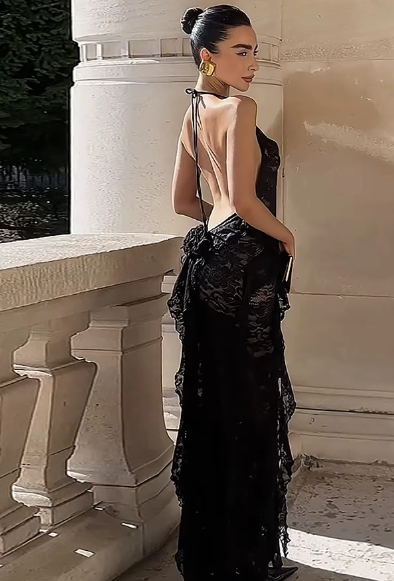 Women'S Fashion Lace Print Backless Sexy Lace Up Pleated Tie Flower Maxi Dress See Through