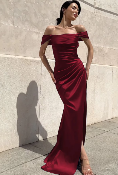 Stain Straps Solid Ruched Lace Up Zipper Slit Sexy Elegant Maxi Prom Dress Women