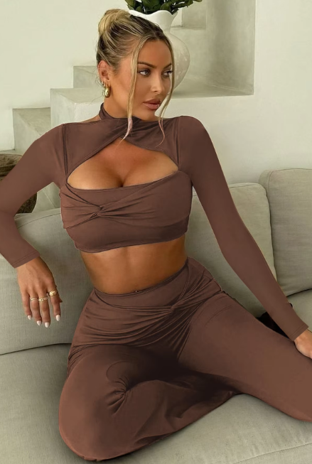Solid Halter Long Sleeve Hollow Out Ruched Sexy Crop Top Wide Leg Pants 2 Pcs Sets Fashion Y2K Outfit Festival Party