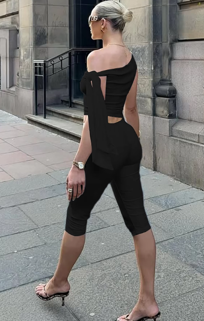 Fashion Matching Sets Skew Collar Bandage Sexy Crop Tank Top Knee Length Pants Y2K Women Outfits Festival Party