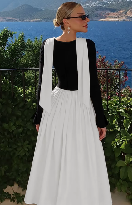 Fashion Matching Color Square Collar Scarf Long Sleeve Ruched Sexy Maxi Dress Slim Women Clothes Party Festival