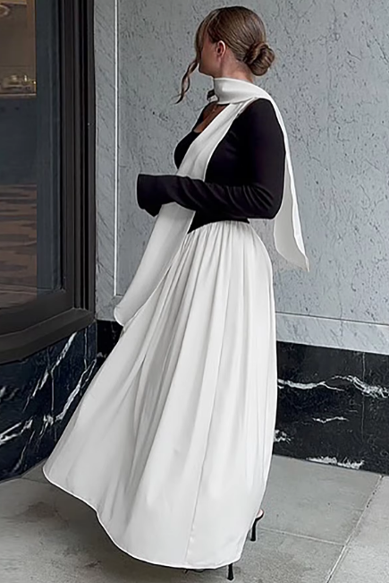 Fashion Matching Color Square Collar Scarf Long Sleeve Ruched Sexy Maxi Dress Slim Women Clothes Party Festival