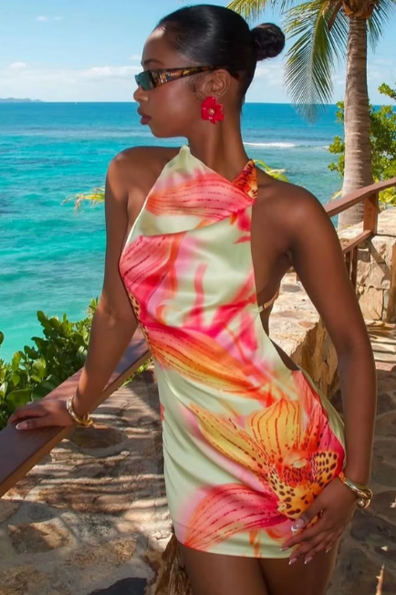 Stain Halter Floral Print Backless Tie Flower Sexy Mini Dress