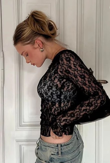 Mesh Floral Print O Neck Long Sleeve See Through Sexy Slim Crop T-Shirt Top Fashion Outfits Party Nightclub