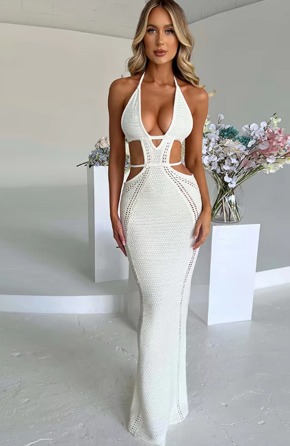 Crochet Halter Sleeveless Backless Solid Hollow Out Bandage Sexy Slim Maxi Prom Dress Festival Party Outfit