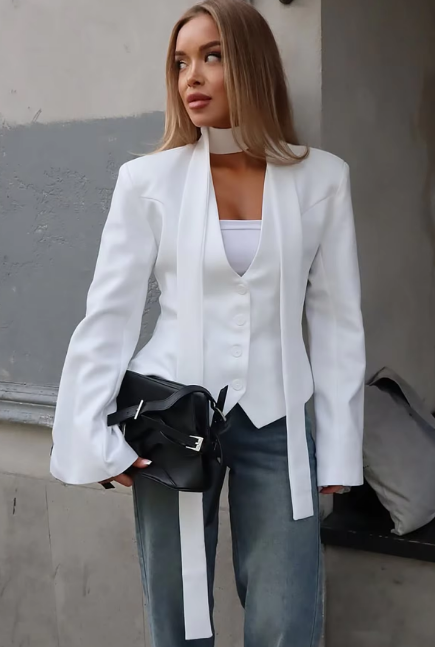 Elegant Solid Scarf V Neck Long Sleeve Buttons Sexy Oversize Suit Blazer