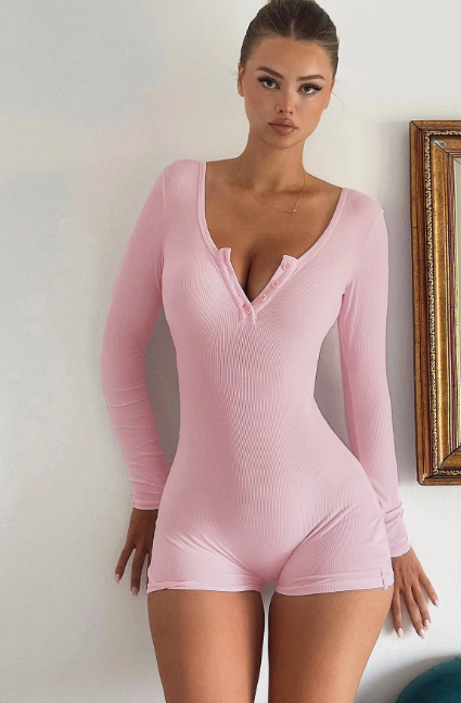 Ribbed Solid Square Collar Long Sleeve Buttons Sexy Bodycon Skinny Playsuit Women Casual Romper Streetwear Sport