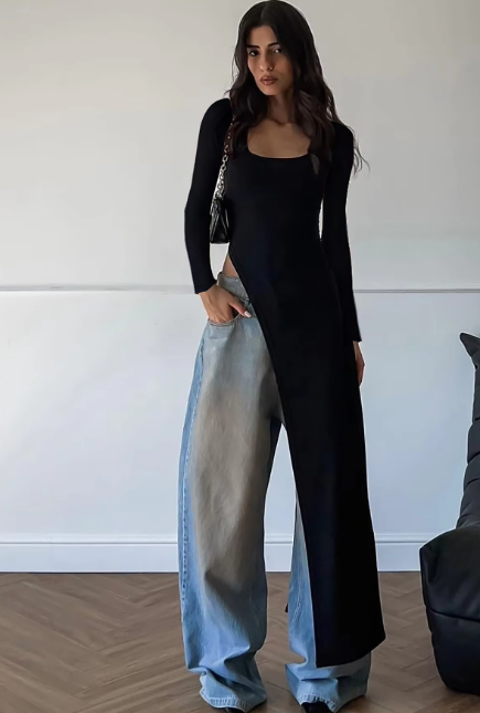 Fashion Solid Long Sleeve Slit Irregular Sexy Bodycon Maxi Dress Women Casual Y2K New Outfits Party Vacation