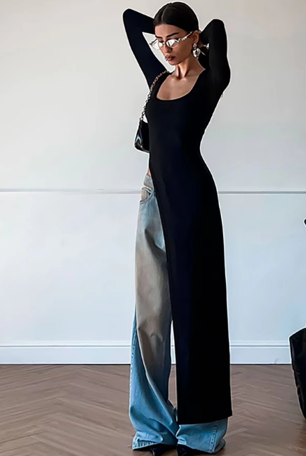 Fashion Solid Long Sleeve Slit Irregular Sexy Bodycon Maxi Dress Women Casual Y2K New Outfits Party Vacation
