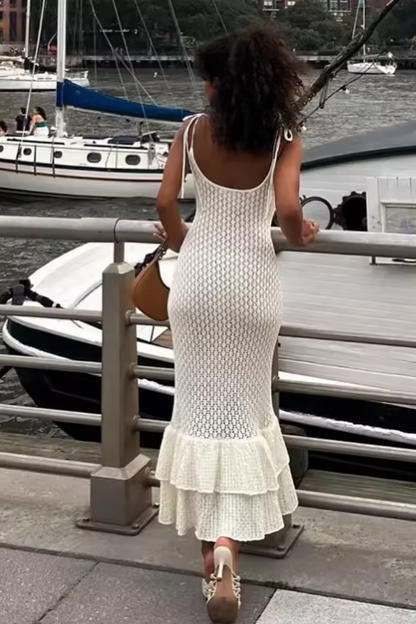 Sexy Spaghetti Ruffle Knit Beach Wrap Dress Holiday Woman Swimsuits Swimwear Cover Up Chic Slim Party Outfits