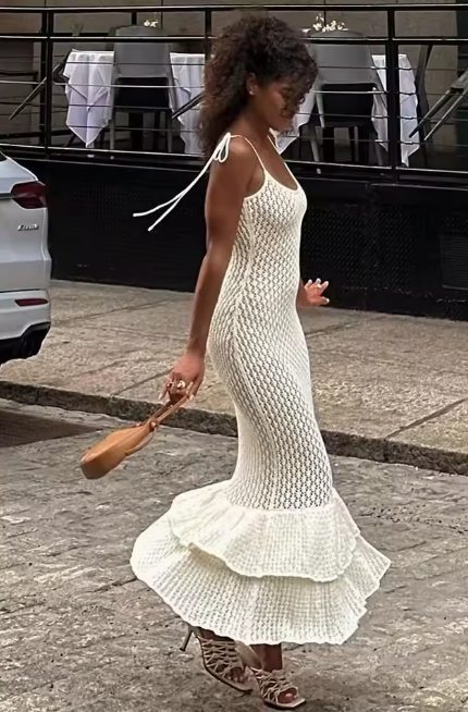 Sexy Spaghetti Ruffle Knit Beach Wrap Dress Holiday Woman Swimsuits Swimwear Cover Up Chic Slim Party Outfits