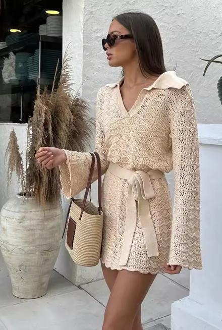 Sexy Shirt V-neck Bell Sleeve Hollow Out Knitted Belted Beach Mini Dress Swimsuit Cover Up Women's Casual Outfit