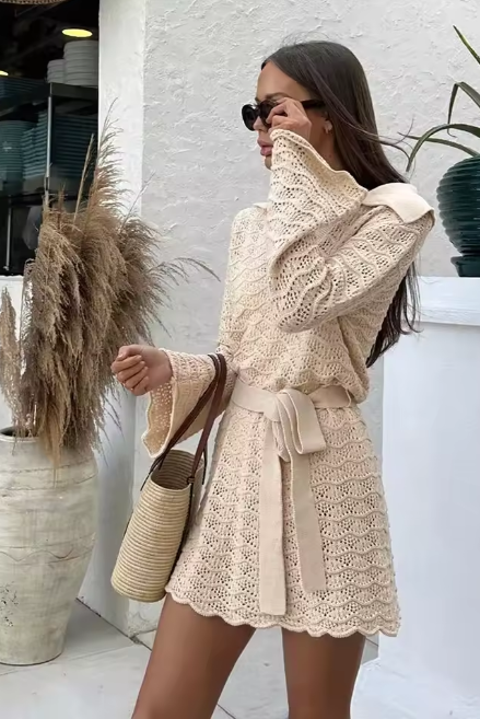 Sexy Shirt V-neck Bell Sleeve Hollow Out Knitted Belted Beach Mini Dress Swimsuit Cover Up Women's Casual Outfit