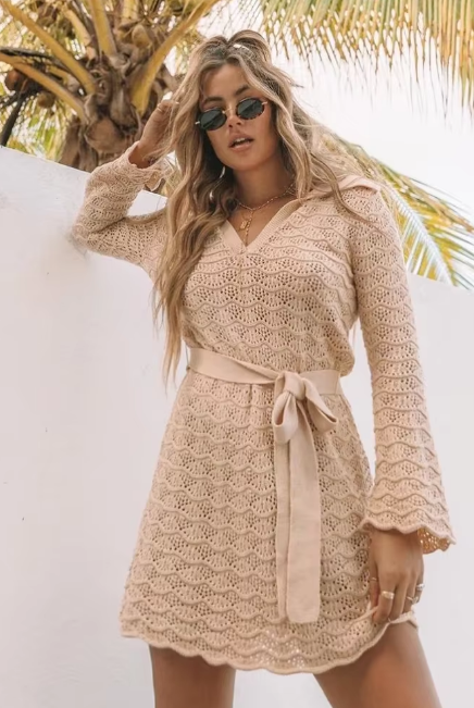Sexy Shirt V-neck Bell Sleeve Hollow Out Knitted Belted Beach Mini Dress Swimsuit Cover Up Women's Casual Outfit