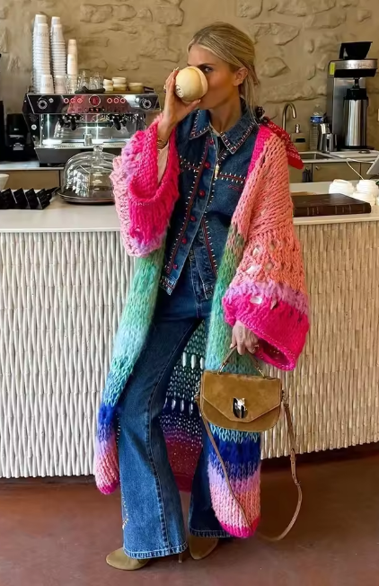 Boho Colorful Luxuriously Handknit Bell Sleeve Crochet Loose Kimono Cardigan Women Fall Winter Coat Beach Coverup Dress