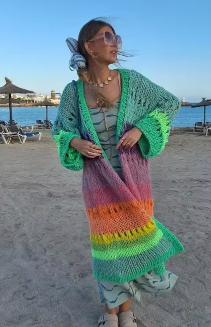 Boho Colorful Luxuriously Handknit Bell Sleeve Crochet Loose Kimono Cardigan Women Fall Winter Coat Beach Coverup Dress