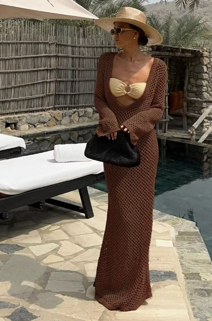 Sexy U-neck Bell Sleeve Knit Maxi Dress Women