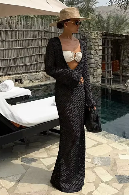 Sexy U-neck Bell Sleeve Knit Maxi Dress Women