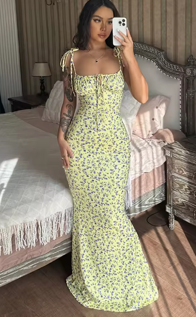 Women Elegant Floral Bodycon Long Dress