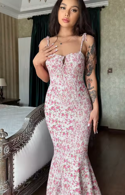 Women Elegant Floral Bodycon Long Dress