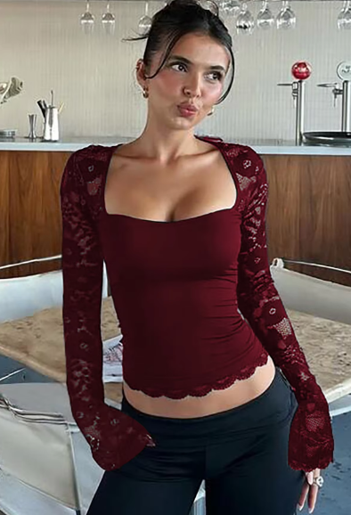 Women Fashion Square Collar Patchwork Lace Long Sleeve Sexy Crop T-Shirt Top Sheer