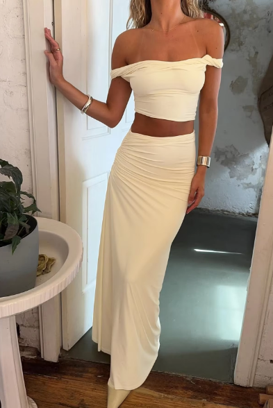 Fashion Sets Slash Neck Backless Solid Ruched Sexy Crop Tank Top Maxi Skirt Women Clothes Party Beach Vacation