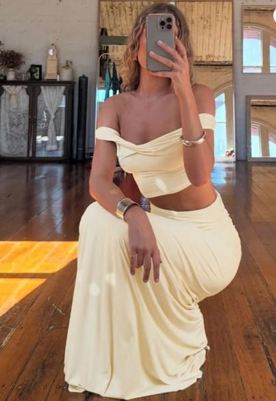 Fashion Sets Slash Neck Backless Solid Ruched Sexy Crop Tank Top Maxi Skirt Women Clothes Party Beach Vacation