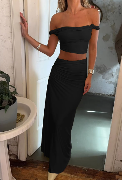Fashion Sets Slash Neck Backless Solid Ruched Sexy Crop Tank Top Maxi Skirt Women Clothes Party Beach Vacation