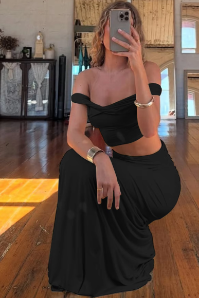 Fashion Sets Slash Neck Backless Solid Ruched Sexy Crop Tank Top Maxi Skirt Women Clothes Party Beach Vacation