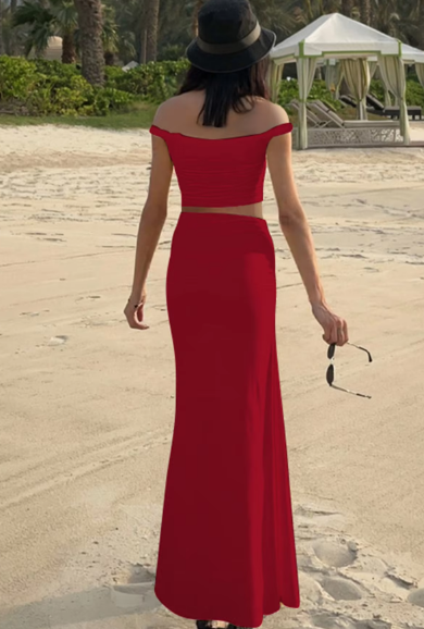 Fashion Sets Slash Neck Backless Solid Ruched Sexy Crop Tank Top Maxi Skirt Women Clothes Party Beach Vacation