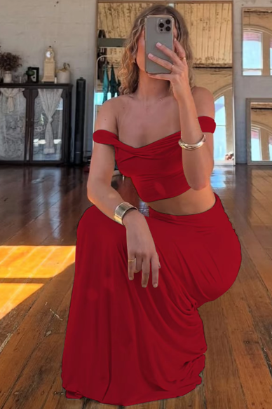 Fashion Sets Slash Neck Backless Solid Ruched Sexy Crop Tank Top Maxi Skirt Women Clothes Party Beach Vacation