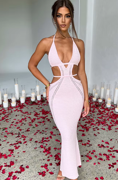 Crochet Halter Sleeveless Backless Solid Hollow Out Bandage Sexy Slim Maxi Prom Dress Festival Party Outfit