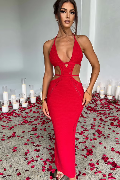 Crochet Halter Sleeveless Backless Solid Hollow Out Bandage Sexy Slim Maxi Prom Dress Festival Party Outfit