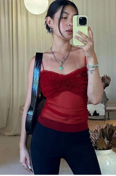 Red Mesh Slips Sexy See Through Slim Crop Camis Top