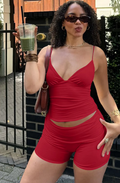 Casual 2 Pcs Sets Solid V Neck Draped Sexy Crop Camis Top Patchwork Shorts Summer Women Outfits Streetwear Sport Gym