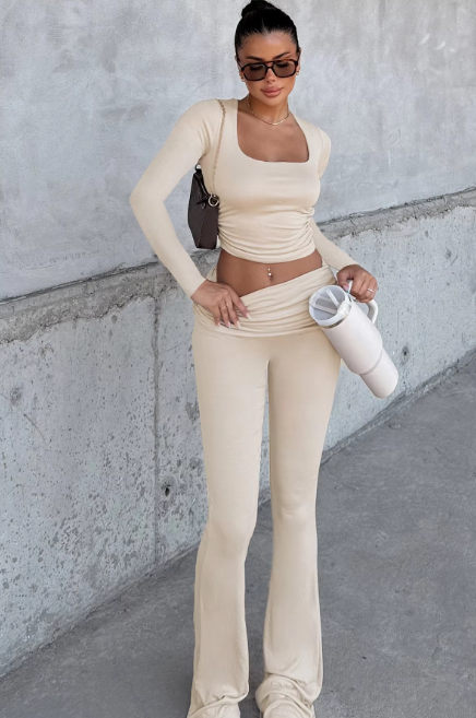 Sets Solid Square Collar Long Sleeve Slim Crop Top Folds Wide Leg Pants