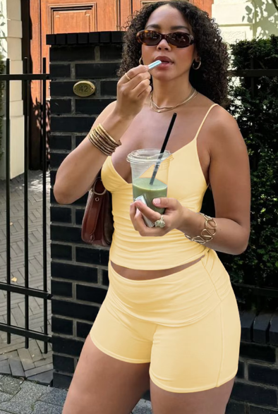 Casual 2 Pcs Sets Solid V Neck Draped Sexy Crop Camis Top Patchwork Shorts Summer Women Outfits Streetwear Sport Gym