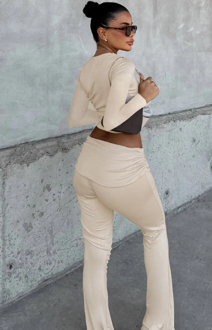 Sets Solid Square Collar Long Sleeve Slim Crop Top Folds Wide Leg Pants