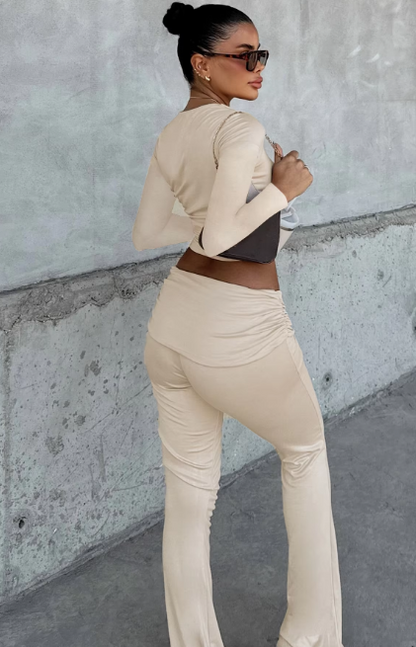 Sets Solid Square Collar Long Sleeve Slim Crop Top Folds Wide Leg Pants