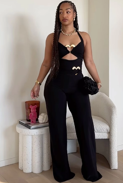 Fashion Solid Halter Ruched Hearts Decoration Zipper Bandage Wide Leg Jumpsuit Hole Women Romper Party Holiday