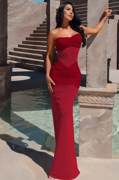 Elegant Solid Ruched Strapless Patchwork Mesh Sexy See Through Maxi Dress Women Clothes Party Beach Vacation Y2K