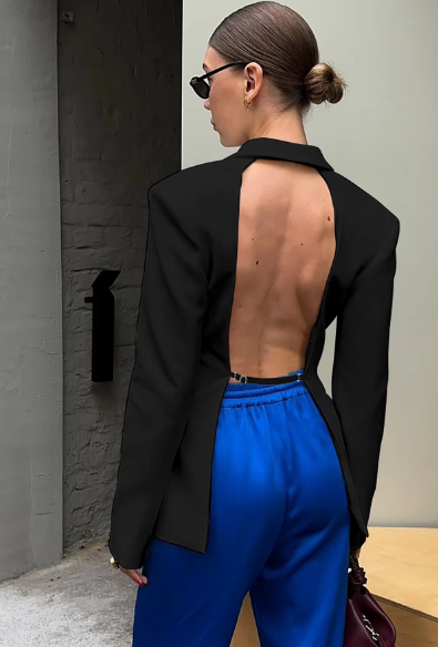 Solid Notched Collar Long Sleeve Button Backless Slip Sexy Oversize Suit Blazer Coat