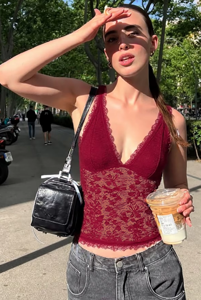 Floral Print Lace Straps V Neck Sexy Fashion Crop Tank Top See Through Y2K Women