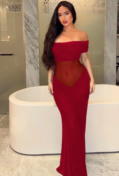 Women Elegant Slash Neck Sexy Ruched Patchwork Lace Maxi Dress See Through