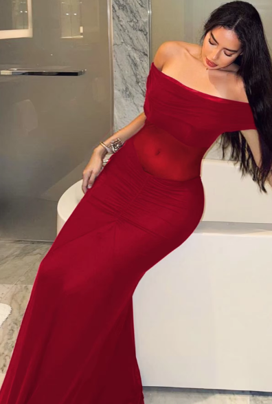 Women Elegant Slash Neck Sexy Ruched Patchwork Lace Maxi Dress See Through